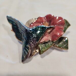 Vintage 1980s Ceramic Artist Made Humming BIrd Flower Brooch